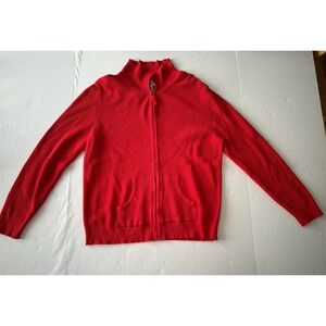 Sag Harbor Women's Petite Red Thermal Collared  Full Zip Sweater Large Pockets